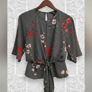 Express Black & White Gingham Floral Tie-Front Blouse Size Small